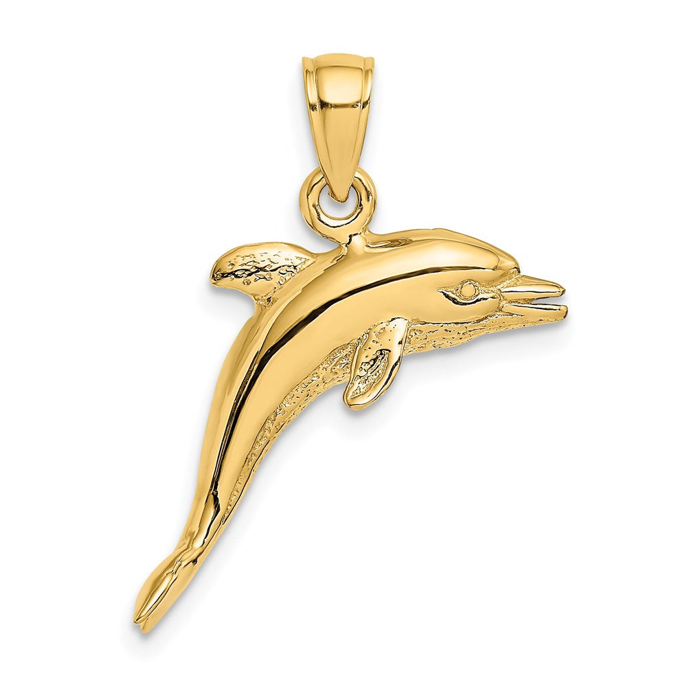 585 Gelbgold Charm springender Delfin, 3-D poliert und strukturiert