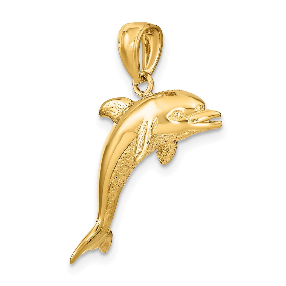 585 Gelbgold Charm springender Delfin, 3-D poliert und strukturiert