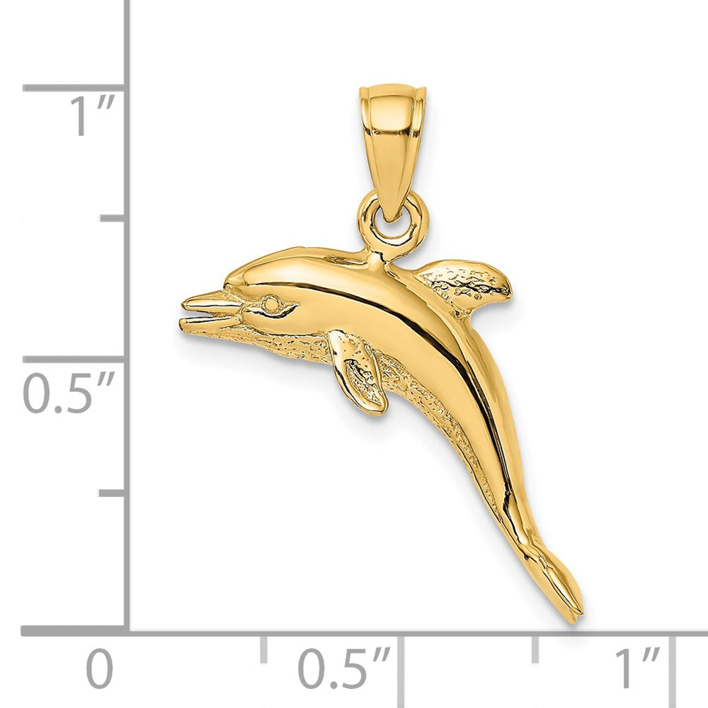 585 Gelbgold Charm springender Delfin, 3-D poliert und strukturiert