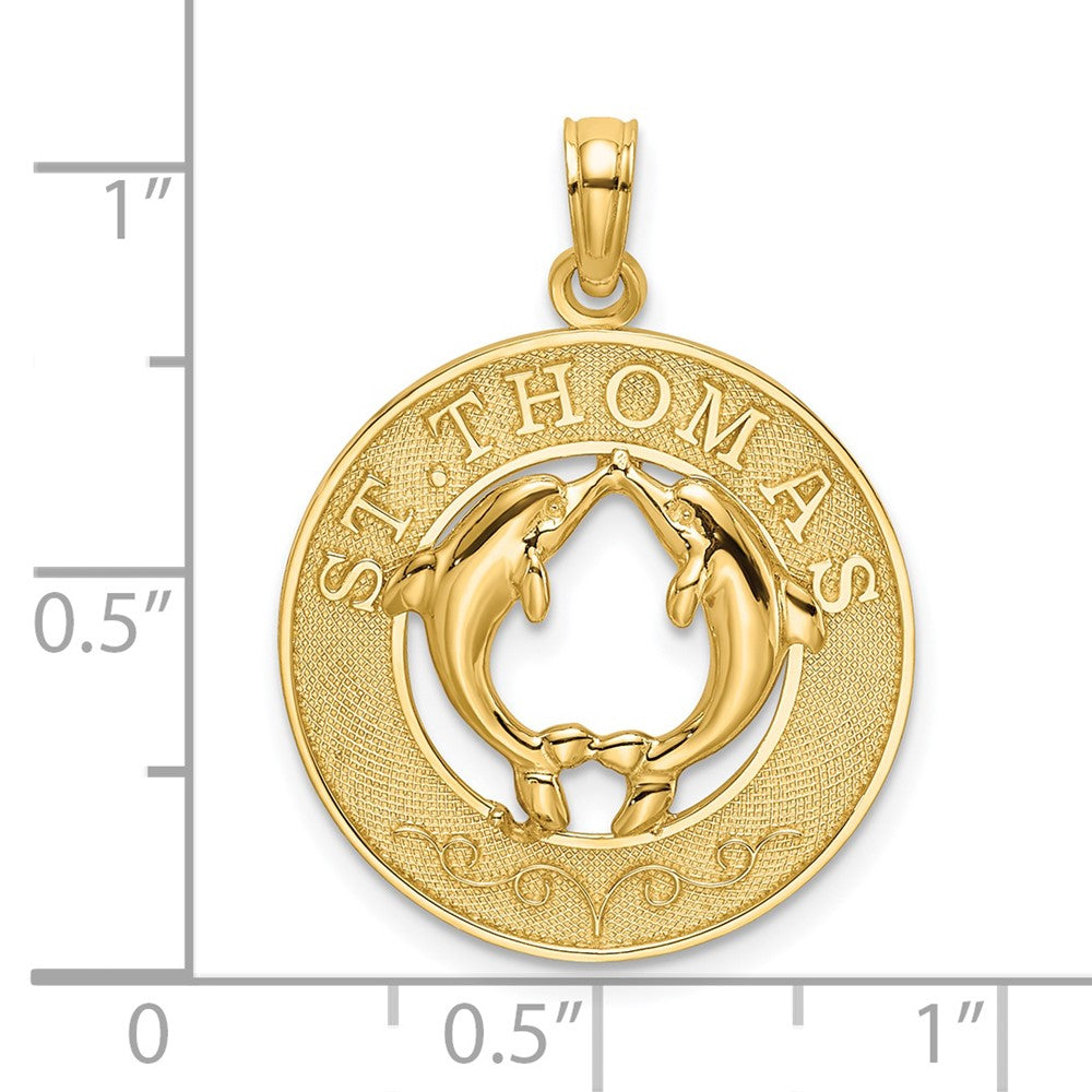 14K Gelbgold Rund-Charm „St. Thomas" mit Delfinen