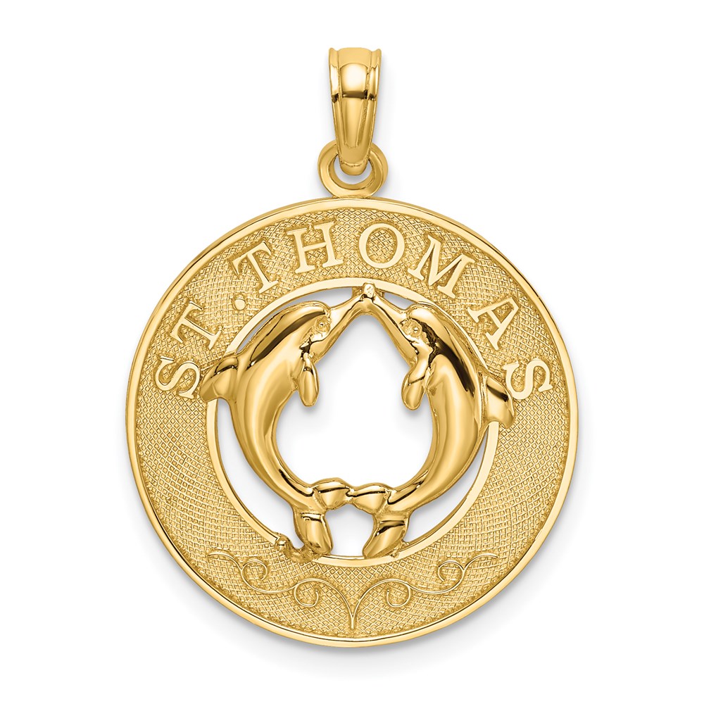 14K Gelbgold Rund-Charm „St. Thomas" mit Delfinen