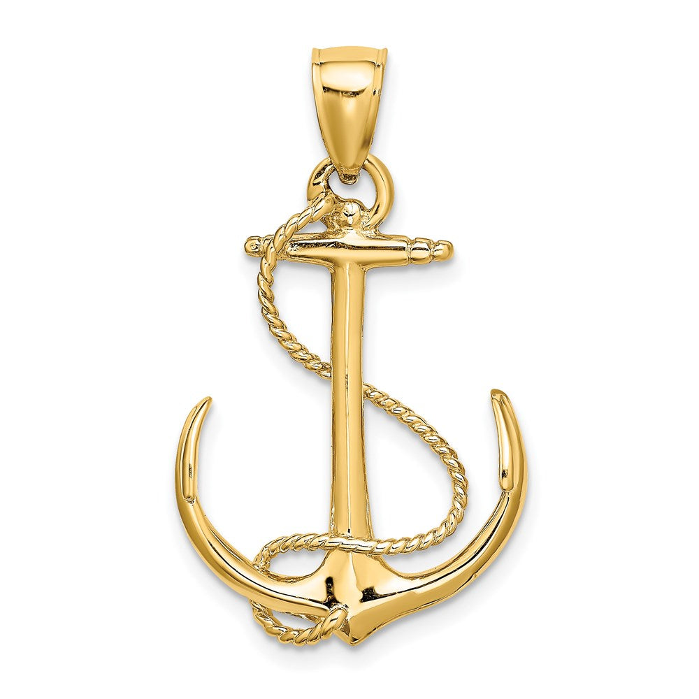 14K Gelbgold 3-D Anker-Charm poliert und texturiert mit Seil