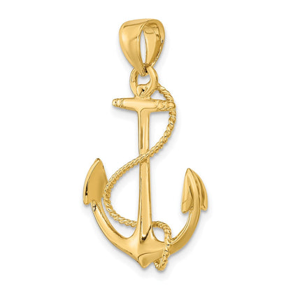 14K Gelbgold 3-D Anker-Charm poliert und texturiert mit Seil