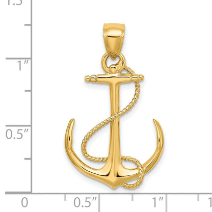 14K Gelbgold 3-D Anker-Charm poliert und texturiert mit Seil