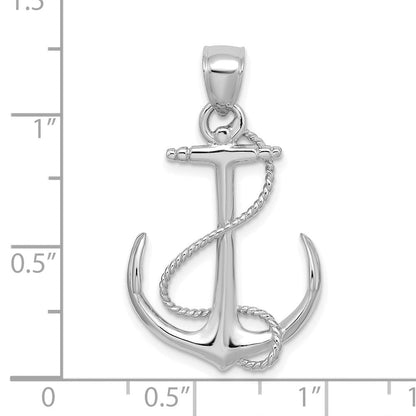 14K Weißgold 3-D polierter und strukturierter Anker-Charm mit Seil