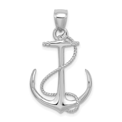 14K Weißgold 3-D polierter und strukturierter Anker-Charm mit Seil