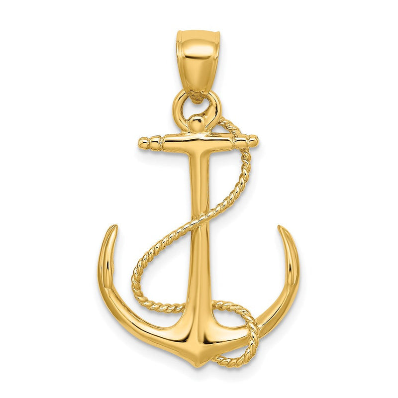 14K Gelbgold 3-D Anker-Charm poliert und texturiert mit Seil