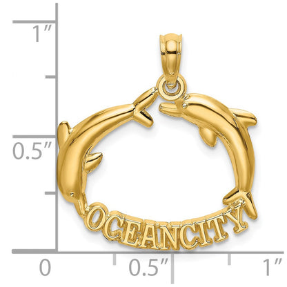 14K Gelbgold Poliert Ocean City mit Springend Dolphins Charm