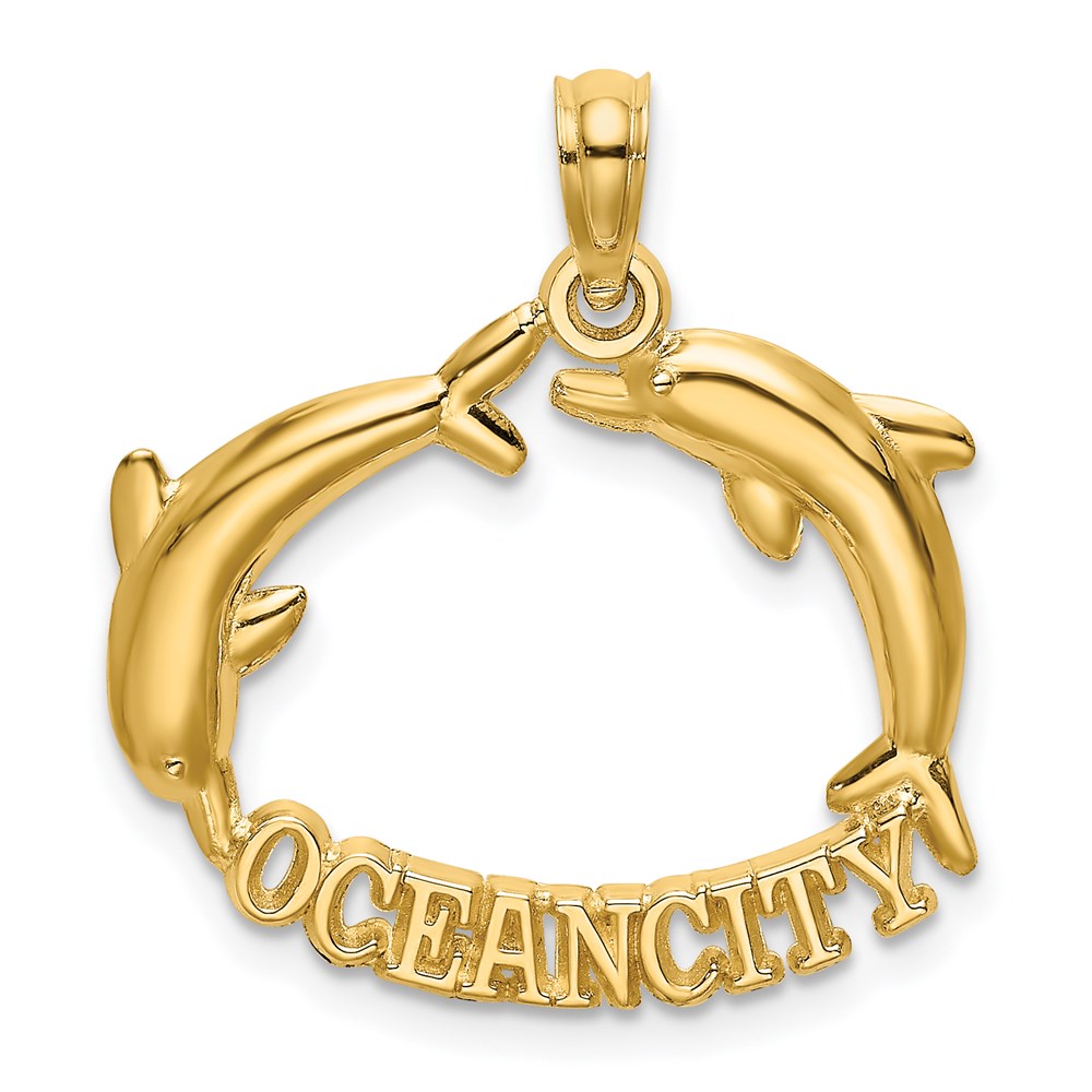14K Gelbgold Poliert Ocean City mit Springend Dolphins Charm
