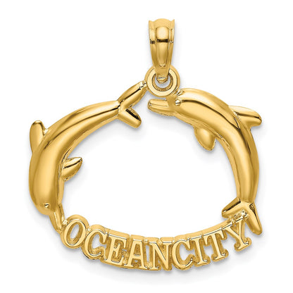 14K Gelbgold Poliert Ocean City mit Springend Dolphins Charm