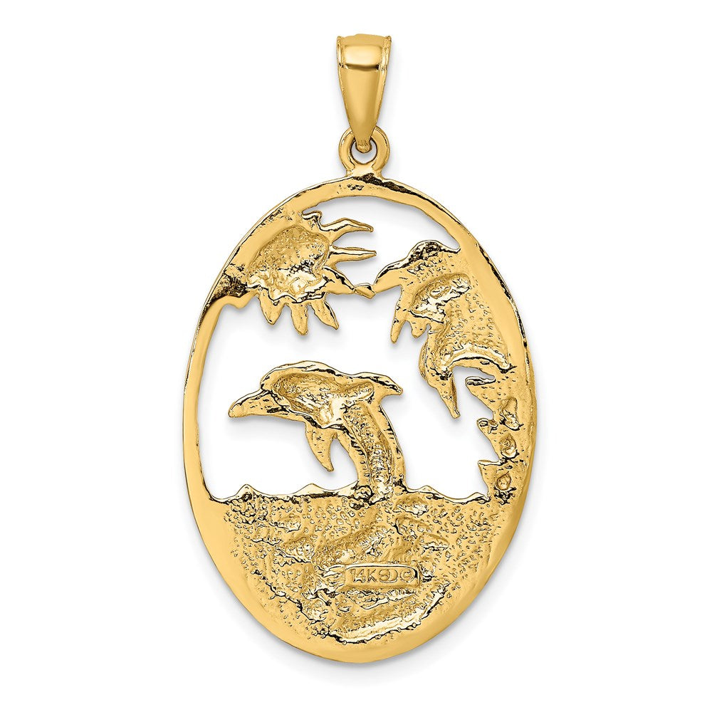 14K Gelbgold Charm „Springender Delfin in Ozeanszene“