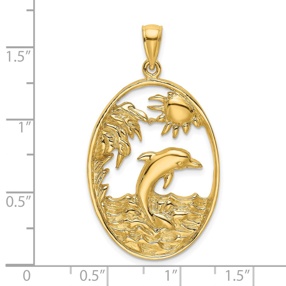 14K Gelbgold Charm „Springender Delfin in Ozeanszene“