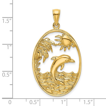 14K Gelbgold Charm „Springender Delfin in Ozeanszene“