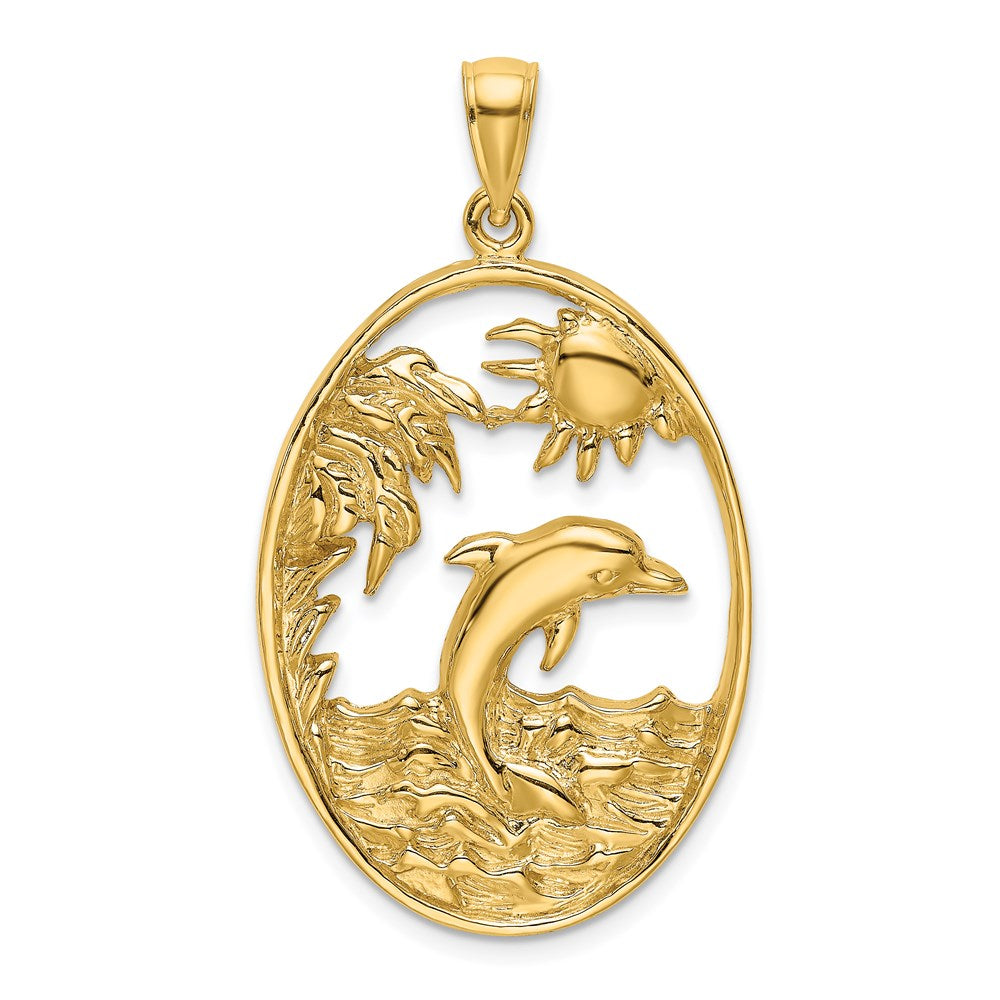 14K Gelbgold Charm „Springender Delfin in Ozeanszene“