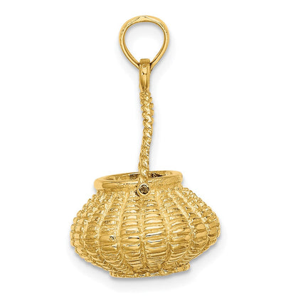 14K Gelbgold 3-D beweglicher Blumenkorb-Charm mit Henkel