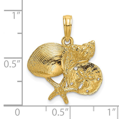 14 Karat Gelbgold Polierter Cluster-Charm mit Muschel, Seestern und Sanddollar
