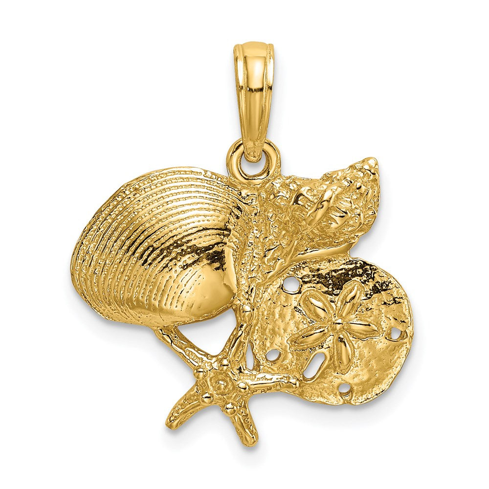14 Karat Gelbgold Polierter Cluster-Charm mit Muschel, Seestern und Sanddollar