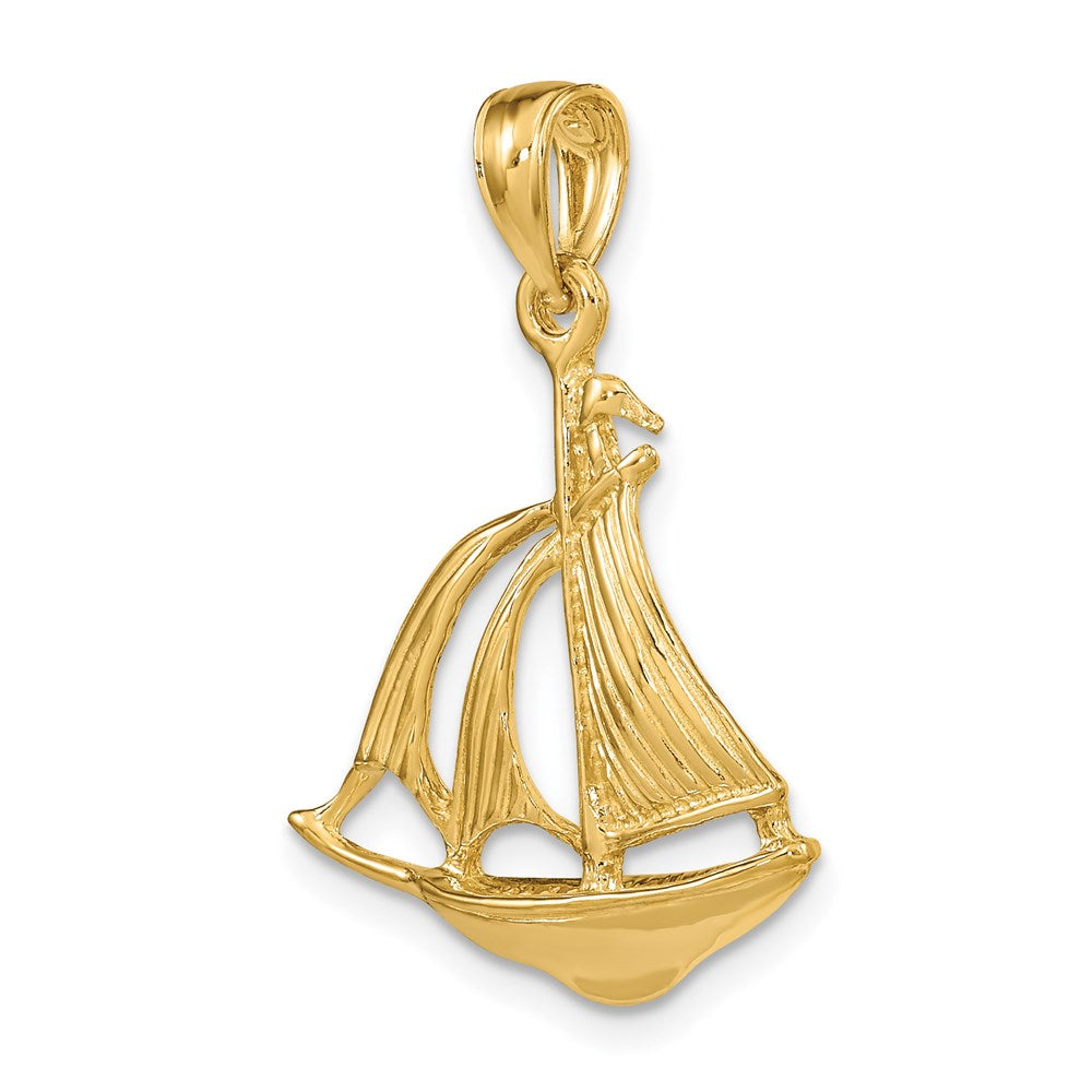 14K Gelbgold 3D-polierter Charm „Kreuzfahrtschiff mit 3 Segeln“