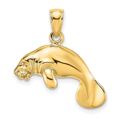 14K Gelbgold 3-D Polierter Schwimmender Seekuh-Charm