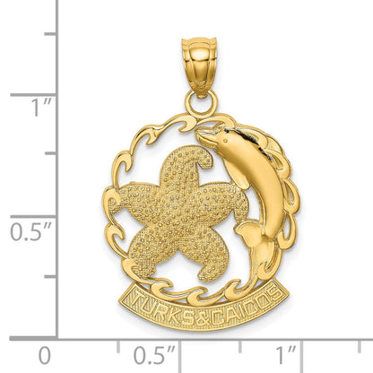 14K Gelbgold Charm „TURKS AND CAICOS“ mit Seestern und Delfin in Welle