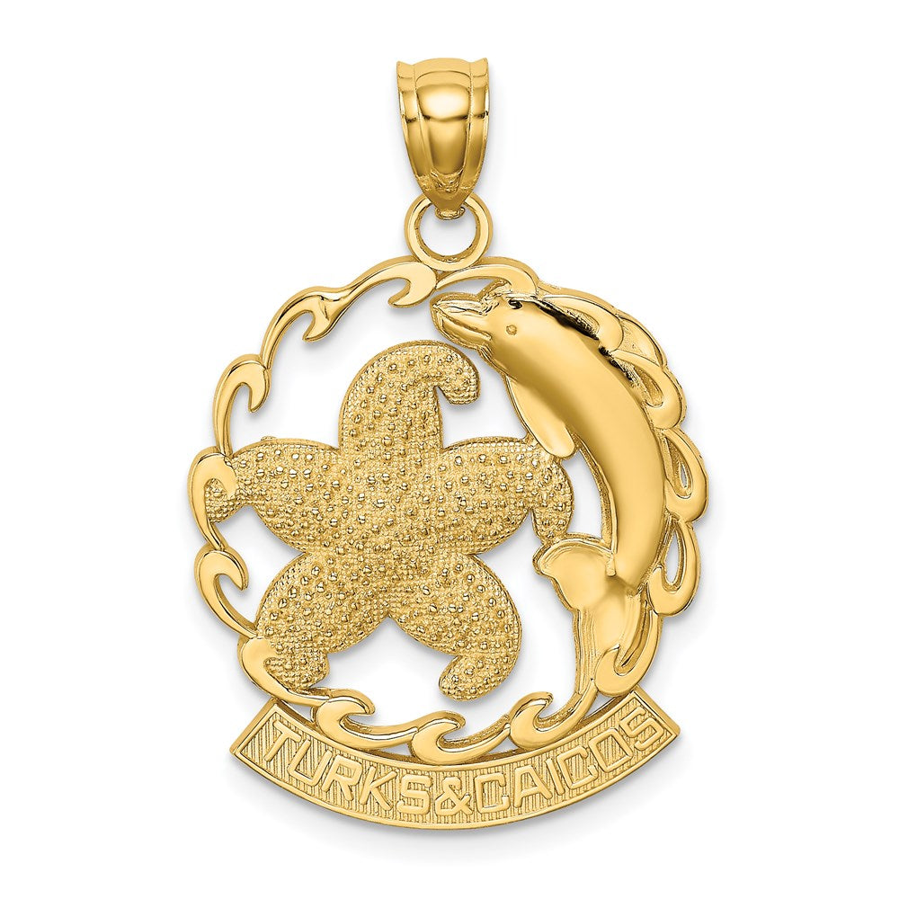14K Gelbgold Charm „TURKS AND CAICOS“ mit Seestern und Delfin in Welle