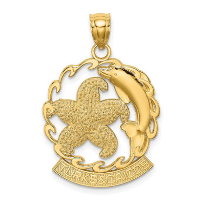 14K Gelbgold Charm „TURKS AND CAICOS“ mit Seestern und Delfin in Welle