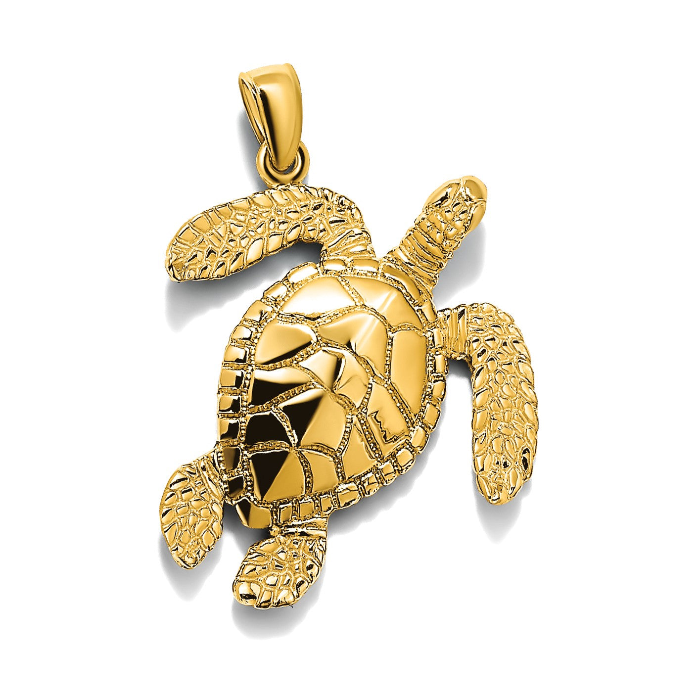 14K Gelbgold Großer Strukturierter Schwimmende Schildkröte Charm
