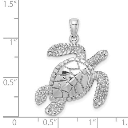 14K Weißgold Großer Strukturierter Schwimmender Meeresschildkröten-Charm