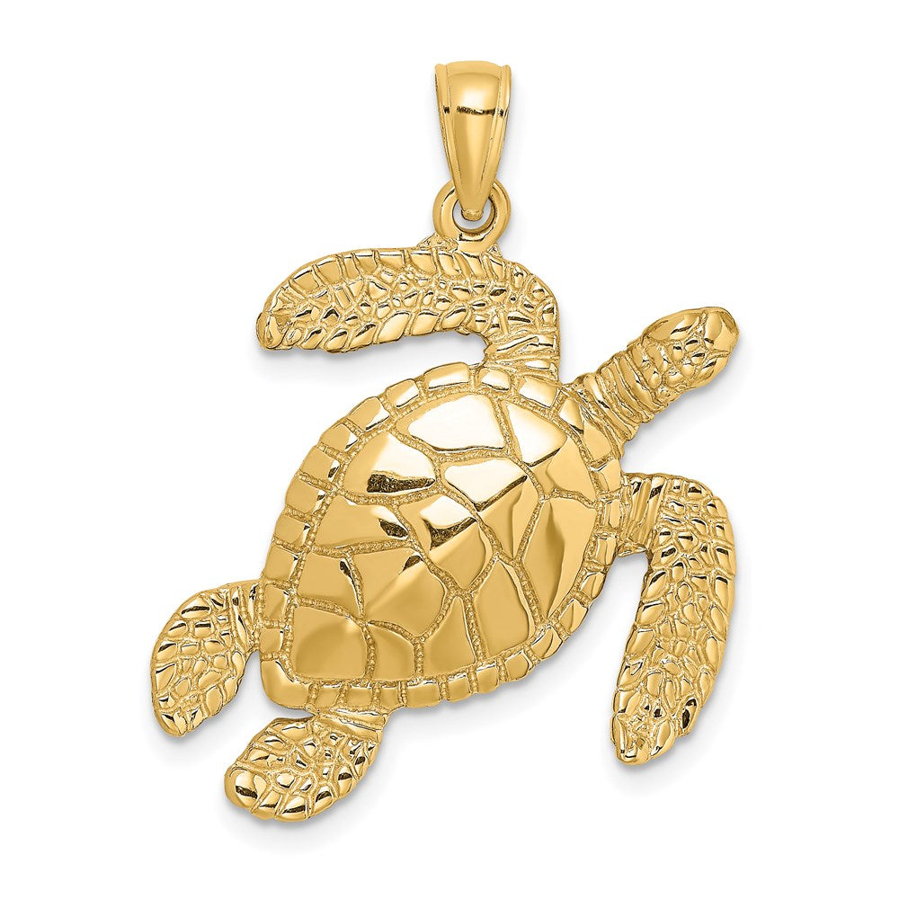 14K Gelbgold Großer Strukturierter Schwimmende Schildkröte Charm