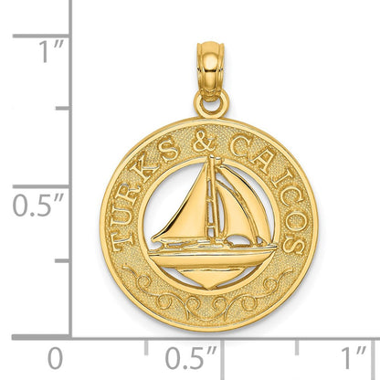 14 Karat Gelbgold Kreis-Charm „TURKS AND CAICOS“ mit Segelboot