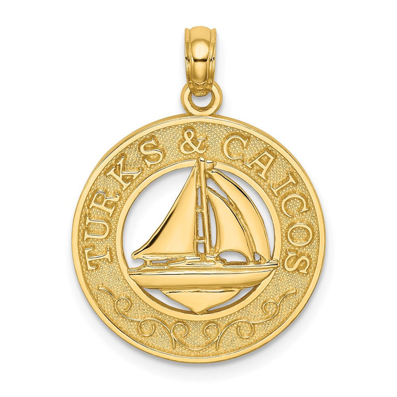 14 Karat Gelbgold Kreis-Charm „TURKS AND CAICOS“ mit Segelboot