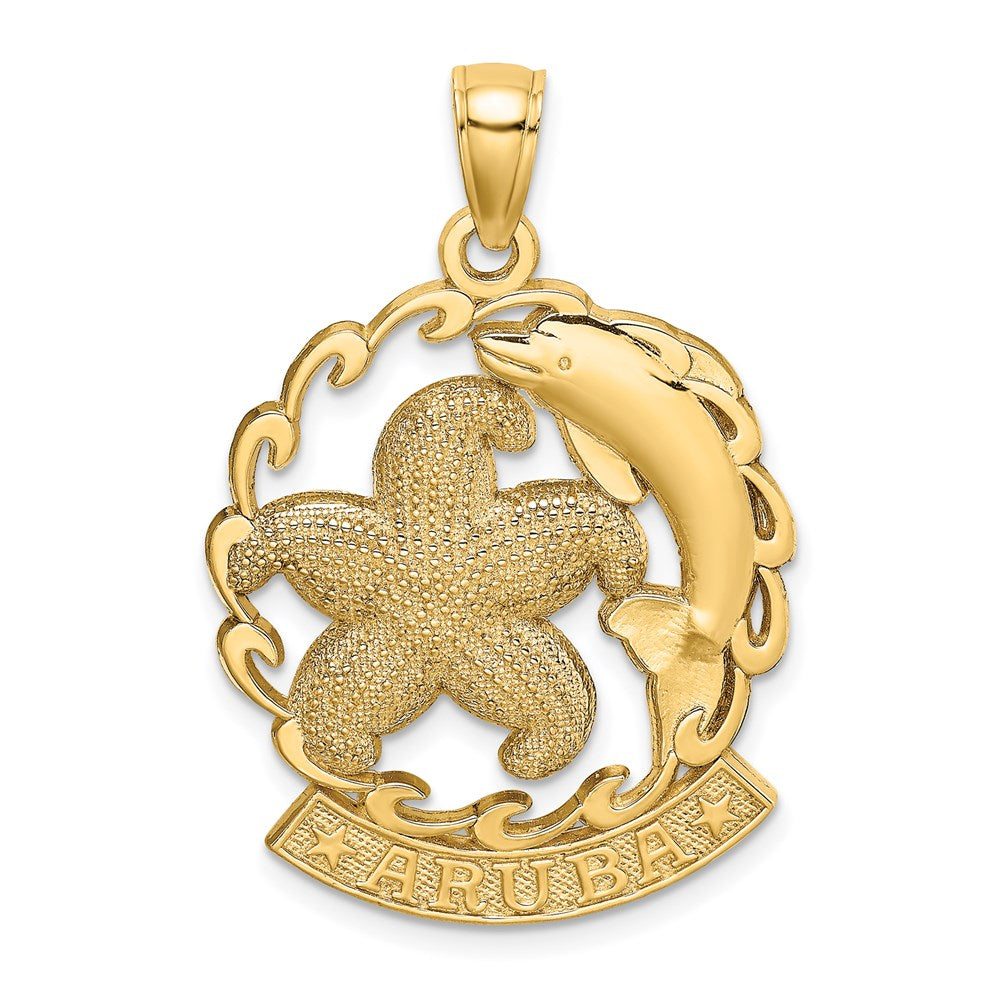 14K Gelbgold ARUBA Charm mit Seestern und Delfin unter Welle