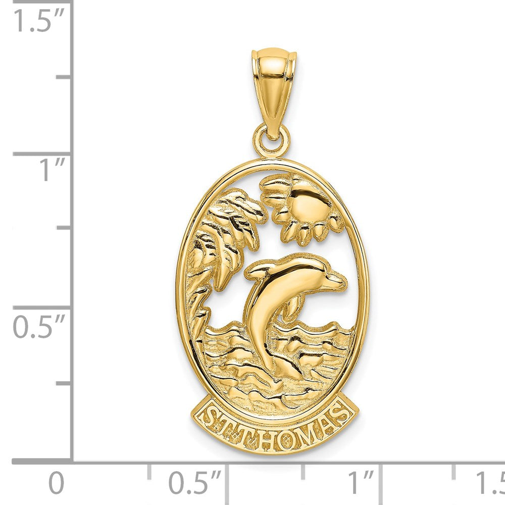 14K Gelbgold Charm St. Thomas mit Delfin-Sonnenuntergang-Szene