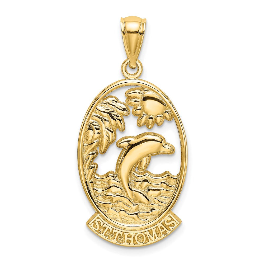 14K Gelbgold Charm St. Thomas mit Delfin-Sonnenuntergang-Szene