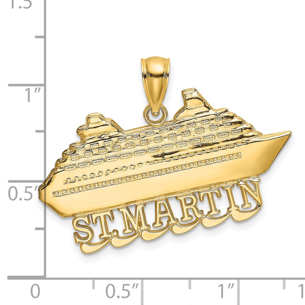14K Gelbgold 2-D Polierter ST. MARTIN Kreuzfahrtschiff-Charm mit Wellen
