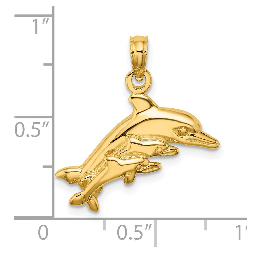 14K Gelbgold Delfin-Anhänger mit 2 Baby-Delfinen