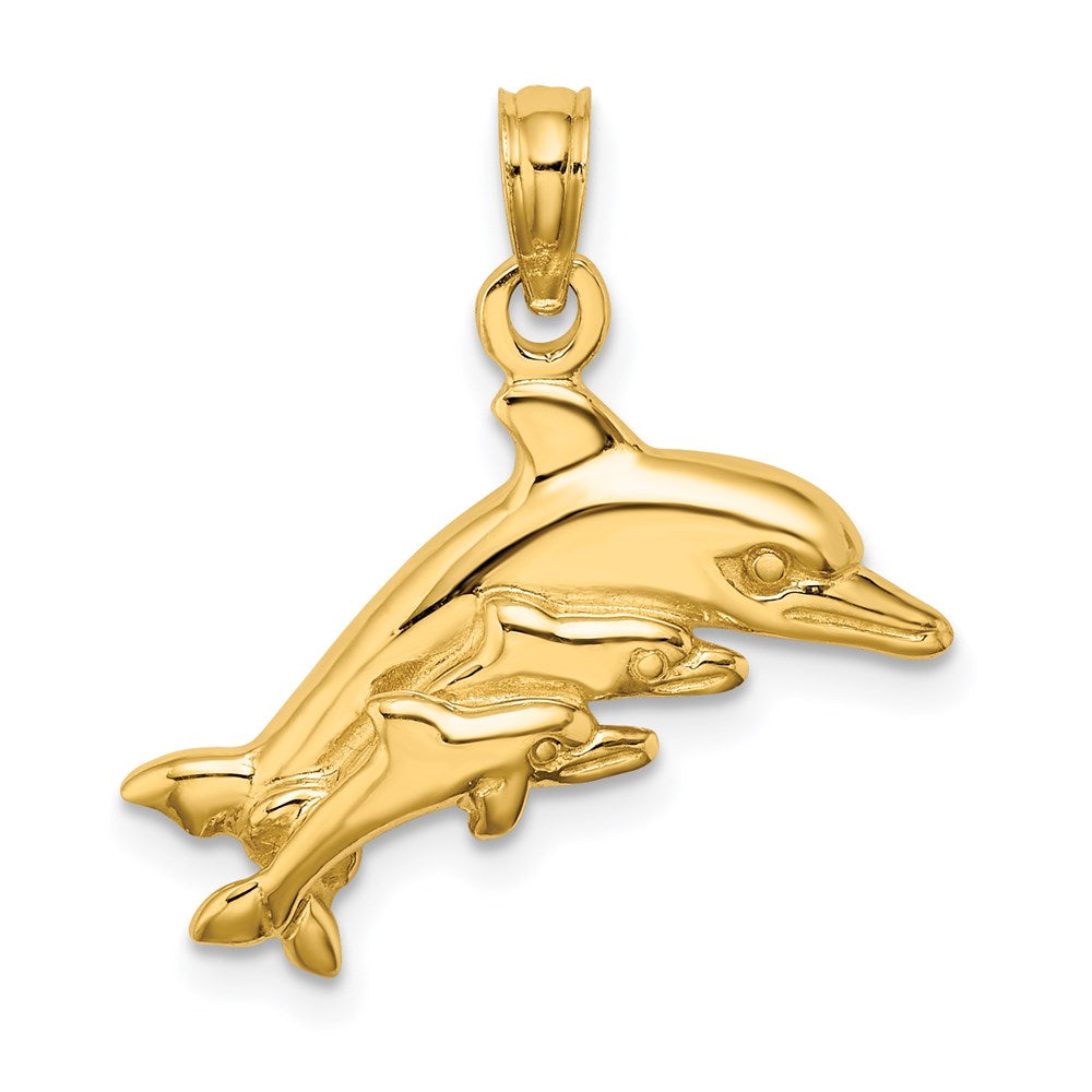 14K Gelbgold Delfin-Anhänger mit 2 Baby-Delfinen