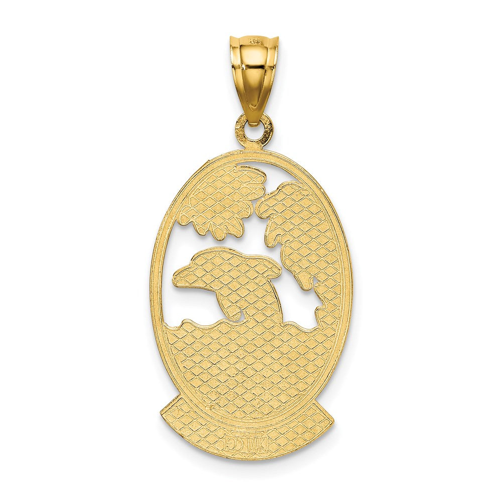 14K Gelbgold Charm „Insel im Meer" mit Delfin-Sonnenuntergangsszene