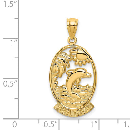 14K Gelbgold Charm „Insel im Meer" mit Delfin-Sonnenuntergangsszene