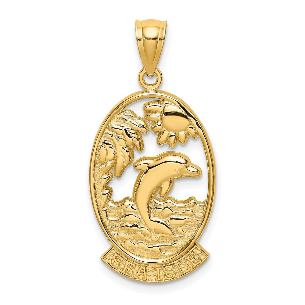 14K Gelbgold Charm „Insel im Meer" mit Delfin-Sonnenuntergangsszene