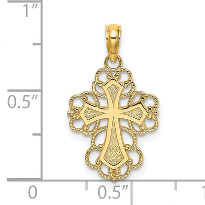 14K Gelbgold Gekugelt Lace Zierde Kreuz Charm