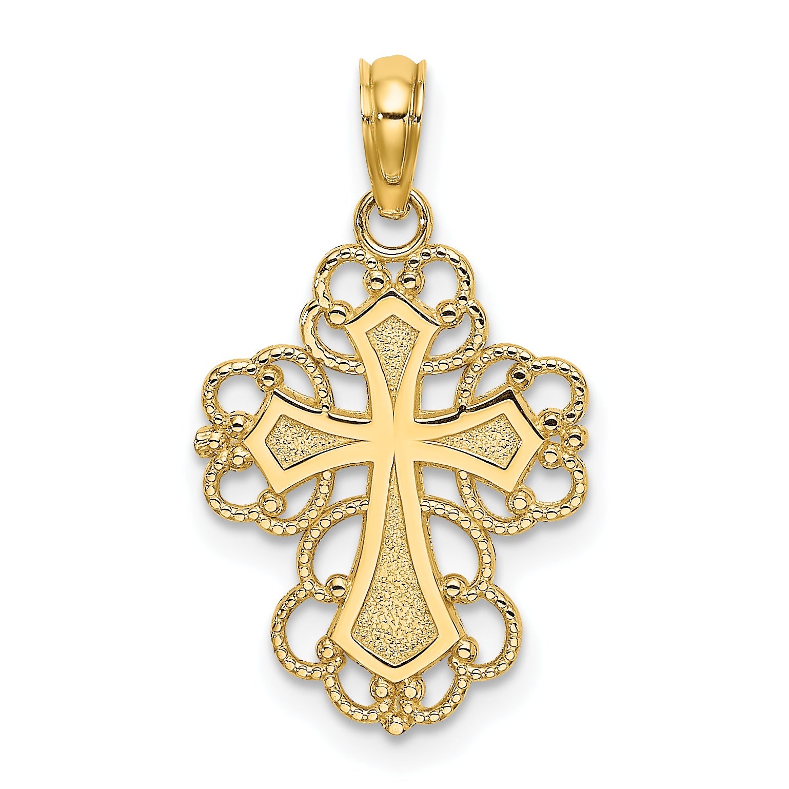 14K Gelbgold Gekugelt Lace Zierde Kreuz Charm