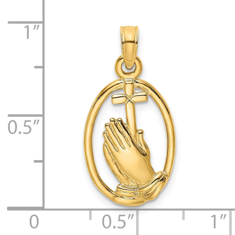 14K Gelbgold Betend Hands und Kreuz in Oval Charm