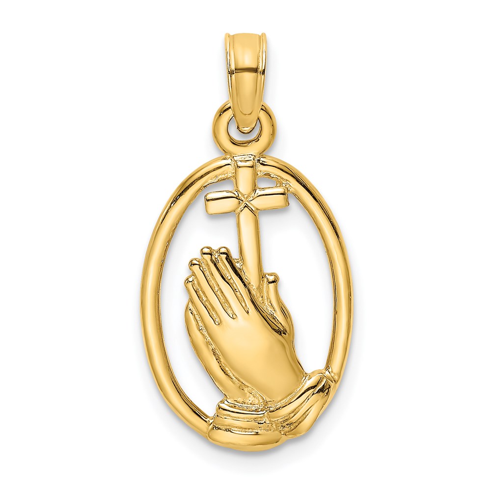 14K Gelbgold Betend Hands und Kreuz in Oval Charm