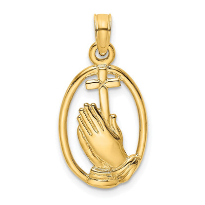 14K Gelbgold Betend Hands und Kreuz in Oval Charm