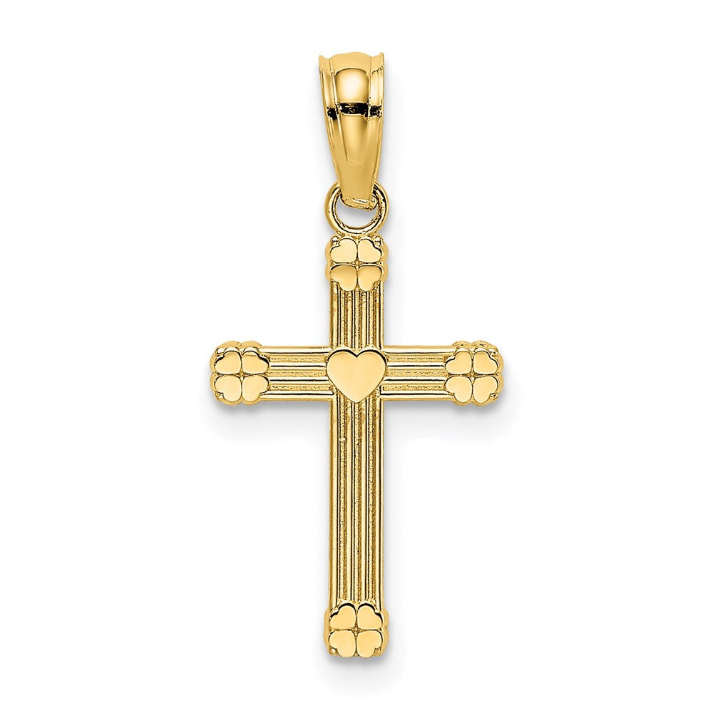 14K Gelbgold Strukturiert mit Mittig Herz Klein Kreuz Charm