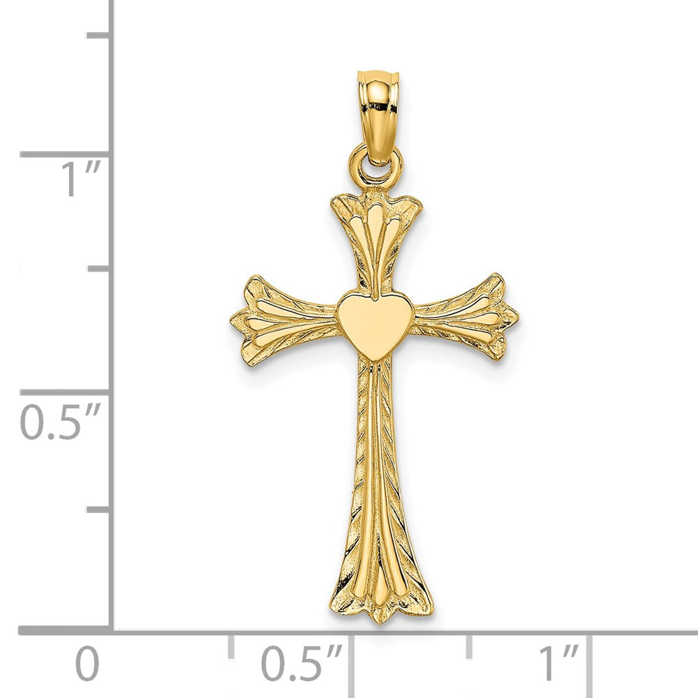14K Gelbgold Poliert und Graviert Kreuz mit Herz Charm