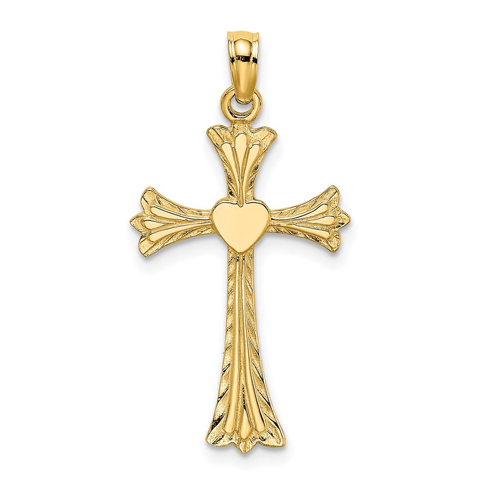 14K Gelbgold Poliert und Graviert Kreuz mit Herz Charm