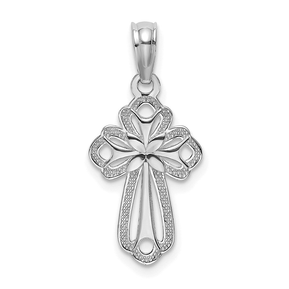 14K Weißgold Ausgeschnitten Poliert und Strukturiert Kreuz Charm