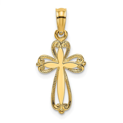 14K Gelbgold Poliert und Ausgeschnitten Graviert Kreuz Charm